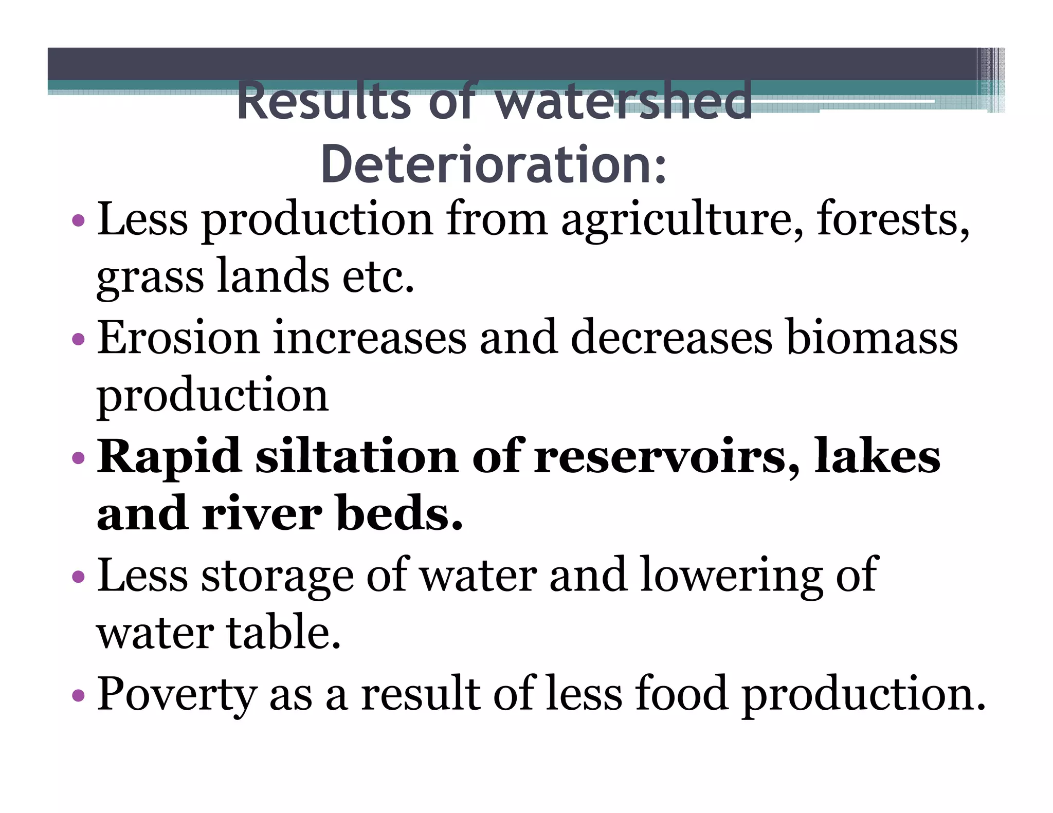 Results of watershed
           Deterioration
           D t i ti :
• Less production from agriculture, forests,
  grass lands etc.
• Erosion increases and decreases biomass
  production
• Rapid siltation of reservoirs, lakes
                        reservoirs
  and river beds.
•LLess storage of water and l
                 f          d lowering of
                                    i   f
  water table.
• Poverty as a result of less food production.
 