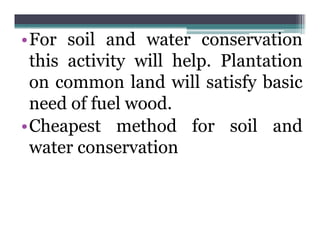•For soil and water conservation
 this activity will help. Plantation
 on common l d will satisfy b i
               land ill ti f basic
 need of fuel wood.
•Cheapest method for soil and
 water conservation
 