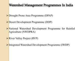 Drought Prone Area Programme (DPAP)
Desert Development Programme (DDP)
National Watershed Development Programme for Rainfed
Agriculture (NWDPRA)
River Valley Project (RVP)
Integrated Watershed Development Programme (IWDP)
 