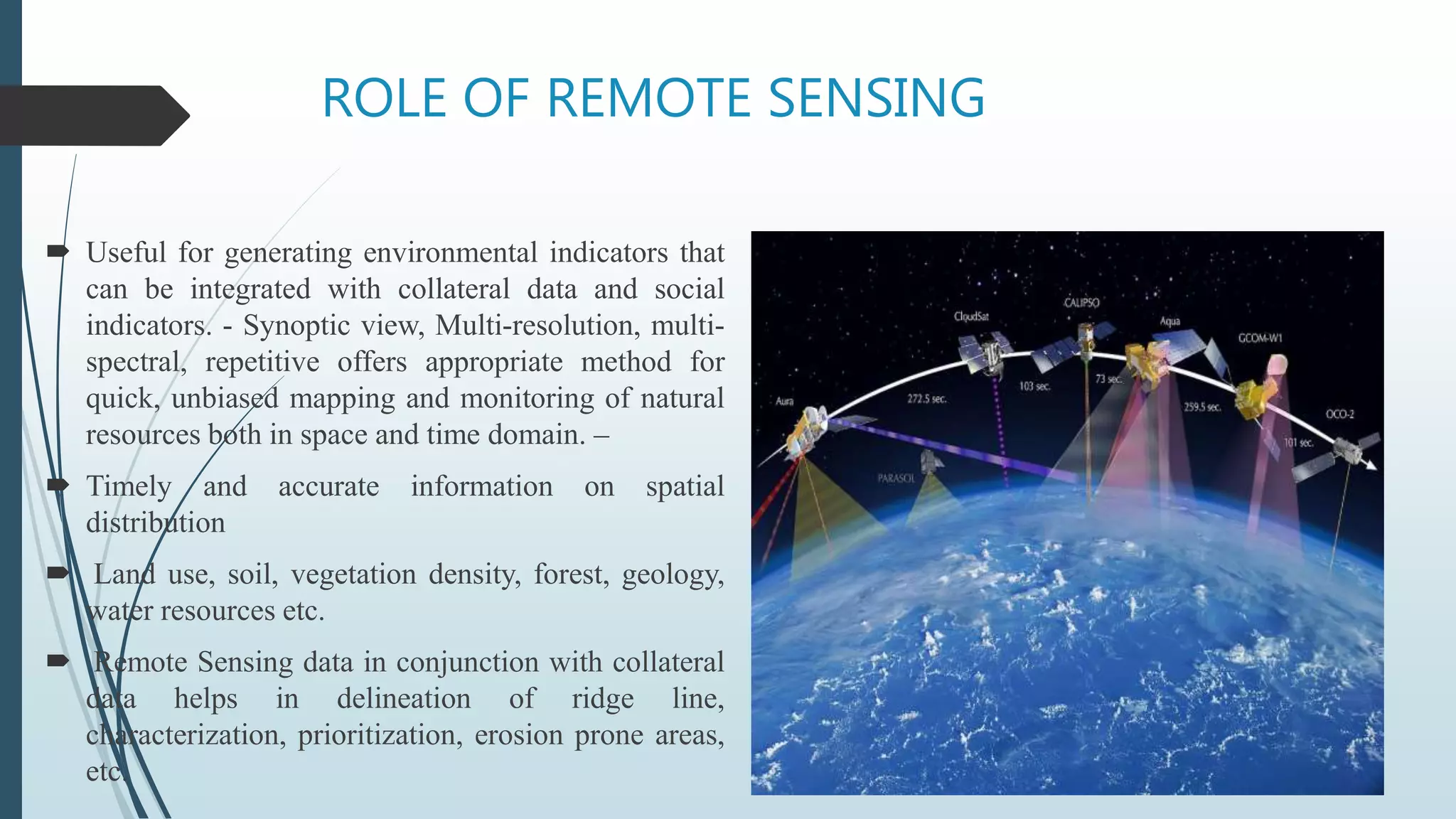 ROLE OF REMOTE SENSING
 Useful for generating environmental indicators that
can be integrated with collateral data and social
indicators. - Synoptic view, Multi-resolution, multi-
spectral, repetitive offers appropriate method for
quick, unbiased mapping and monitoring of natural
resources both in space and time domain. –
 Timely and accurate information on spatial
distribution
 Land use, soil, vegetation density, forest, geology,
water resources etc.
 Remote Sensing data in conjunction with collateral
data helps in delineation of ridge line,
characterization, prioritization, erosion prone areas,
etc.
 