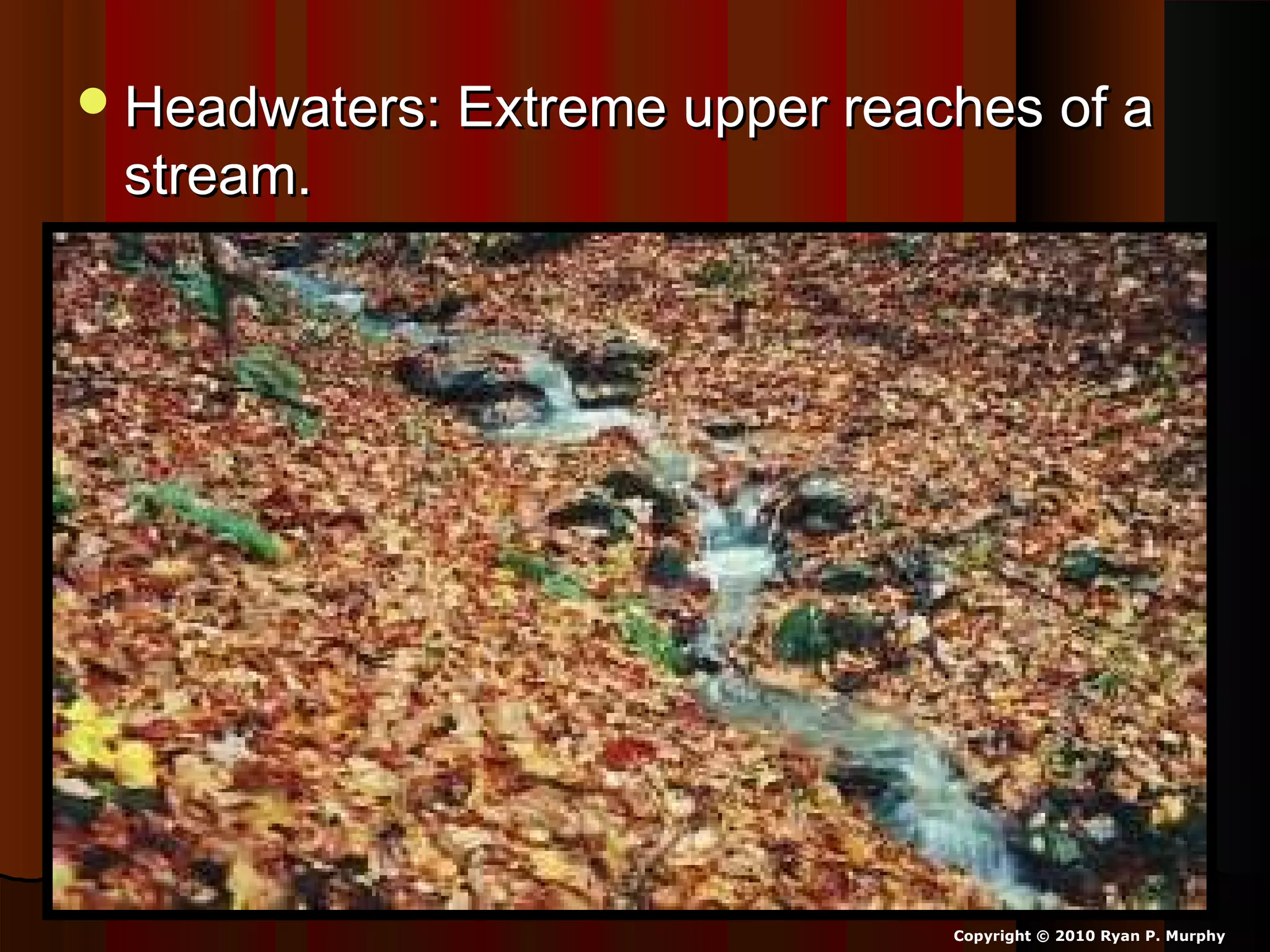 Headwaters: Extreme upper reaches of aHeadwaters: Extreme upper reaches of a
stream.stream.
Copyright © 2010 Ryan P. Murphy
 