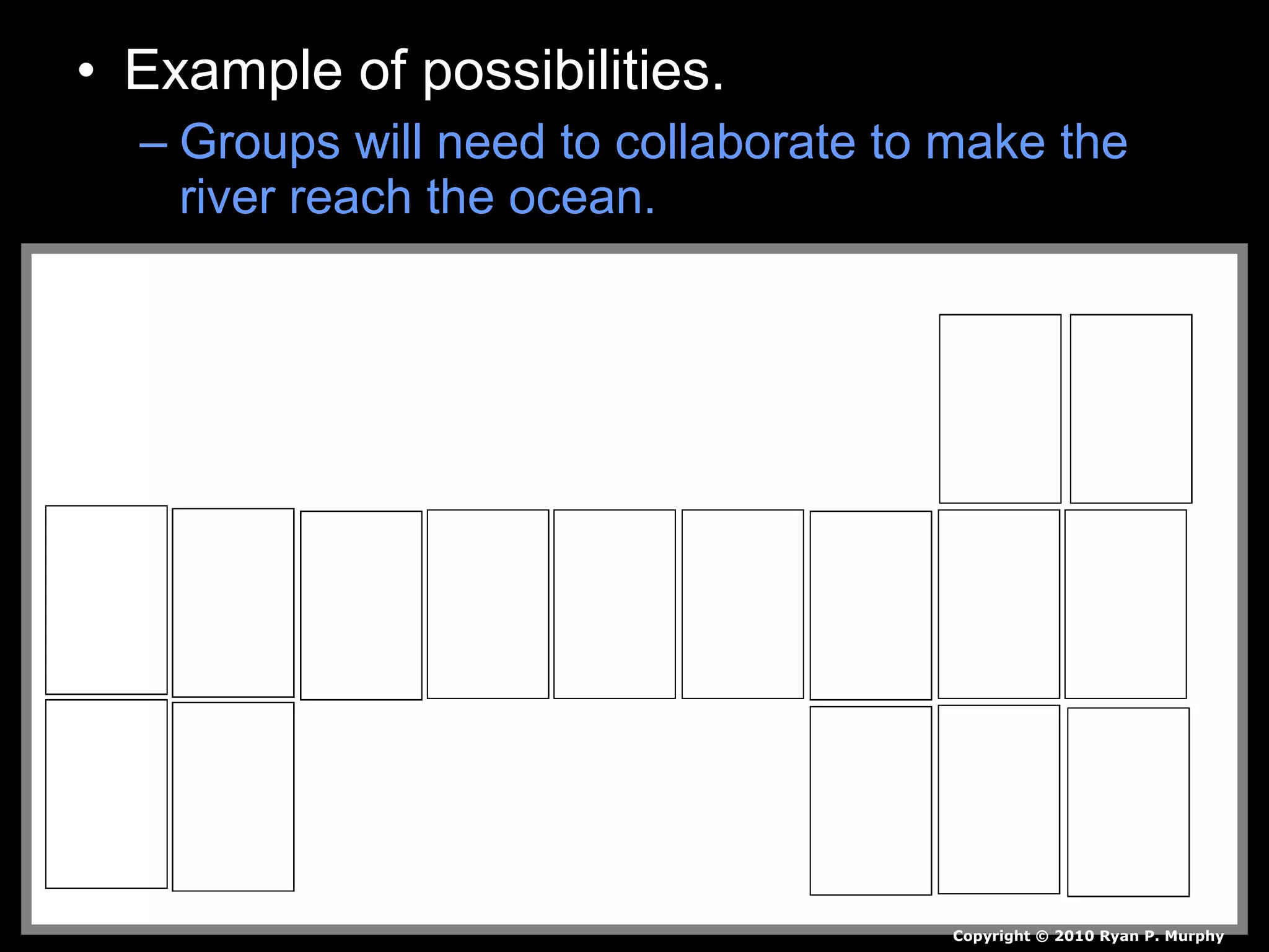 • Example of possibilities.
– Groups will need to collaborate to make the
river reach the ocean.
Copyright © 2010 Ryan P. Murphy
 