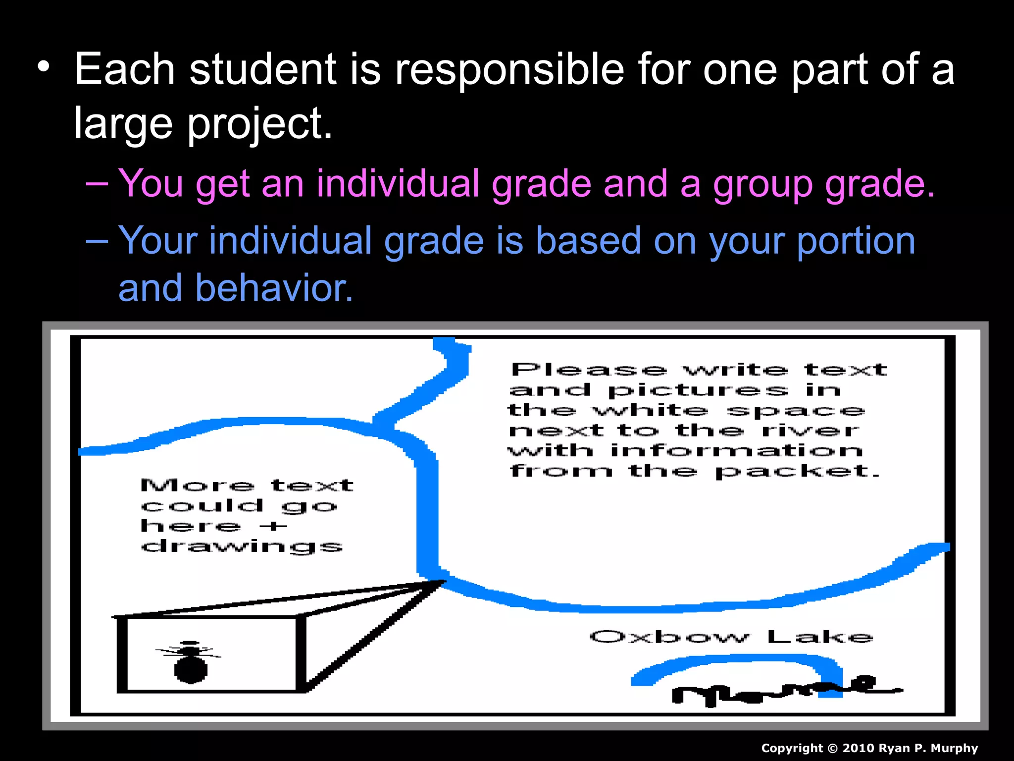 • Each student is responsible for one part of a
large project.
– You get an individual grade and a group grade.
– Your individual grade is based on your portion
and behavior.
Copyright © 2010 Ryan P. Murphy
 
