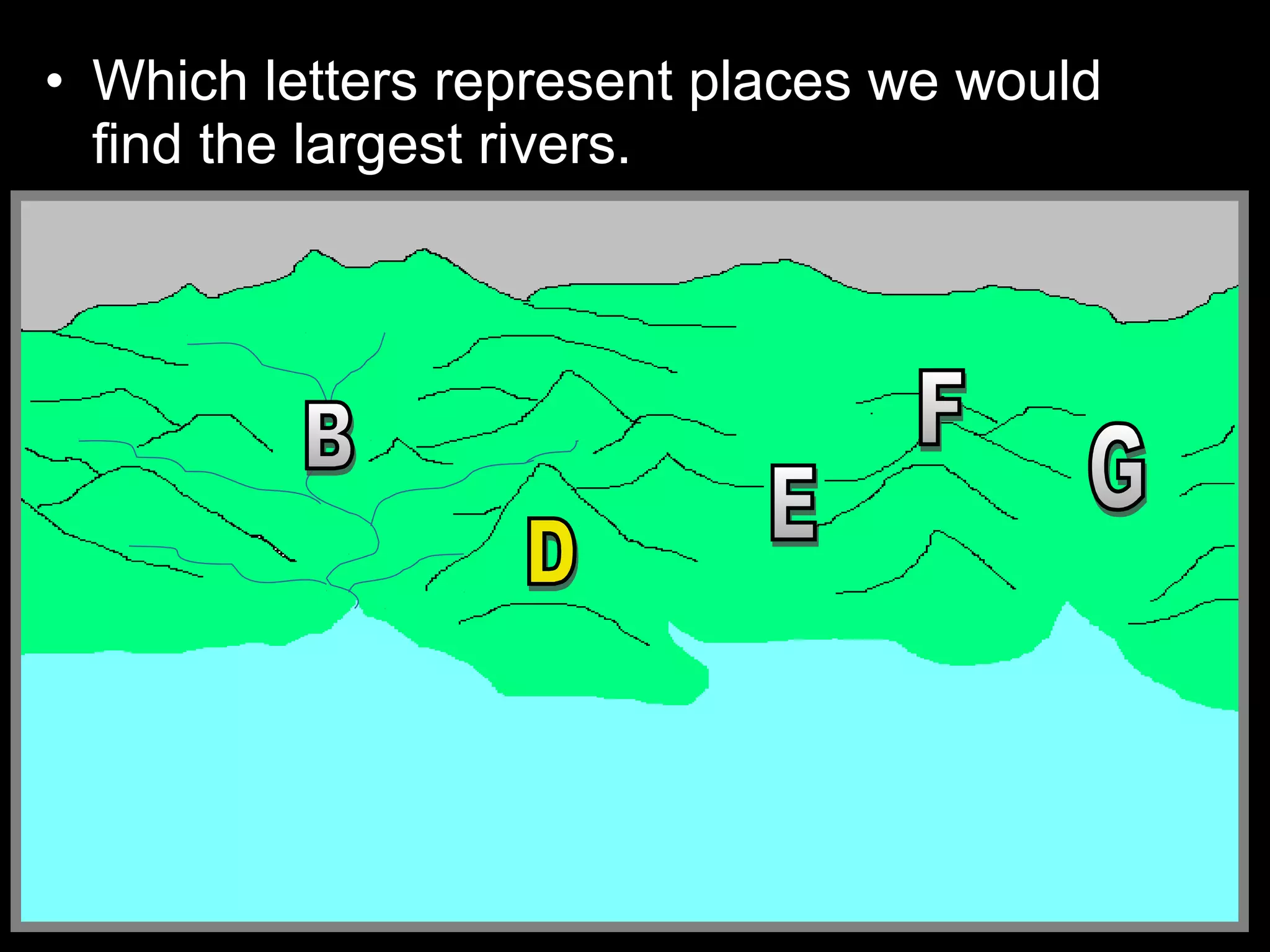 • Which letters represent places we would
find the largest rivers.
 