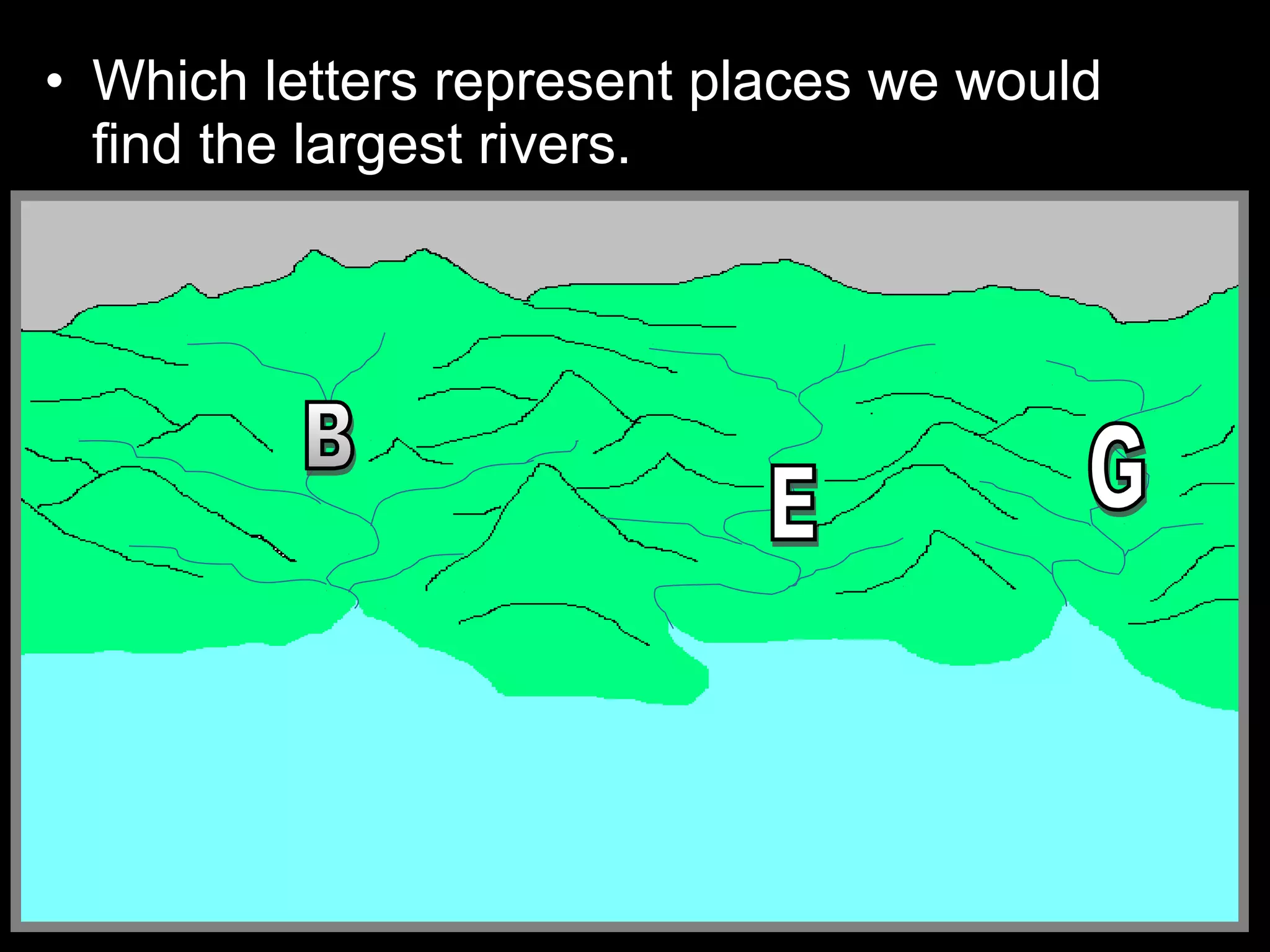 • Which letters represent places we would
find the largest rivers.
 