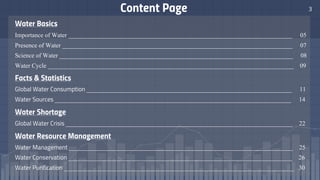 Content Page 3
Water Basics
Importance of Water ________________________________________________________________________ 05
Presence of Water __________________________________________________________________________ 07
Science of Water ___________________________________________________________________________ 08
Water Cycle _______________________________________________________________________________ 09
Facts & Statistics
Global Water Consumption __________________________________________________________________ 11
Water Sources ____________________________________________________________________________ 14
Water Shortage
Global Water Crisis _________________________________________________________________________ 22
Water Resource Management
Water Management ________________________________________________________________________ 25
Water Conservation ________________________________________________________________________ 26
Water Purification __________________________________________________________________________ 30
 