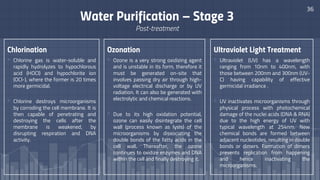 Chlorination
▫ Chlorine gas is water-soluble and
rapidly hydrolyzes to hypochlorous
acid (HOCl) and hypochlorite ion
(OCl-), where the former is 20 times
more germicidal.
▫ Chlorine destroys microorganisms
by corroding the cell membrane. It is
then capable of penetrating and
destroying the cells after the
membrane is weakened, by
disrupting respiration and DNA
activity.
36
Water Purification – Stage 3
Post-treatment
Ozonation
▫ Ozone is a very strong oxidizing agent
and is unstable in its form, therefore it
must be generated on-site that
involves passing dry air through high-
voltage electrical discharge or by UV
radiation. It can also be generated with
electrolytic and chemical reactions.
▫ Due to its high oxidation potential,
ozone can easily disintegrate the cell
wall (process known as lysis) of the
microorganisms by dissociating the
double bonds of the fatty acids in the
cell wall. Thereafter, the ozone
continues to oxidize enzymes and DNA
within the cell and finally destroying it.
Ultraviolet Light Treatment
▫ Ultraviolet (UV) has a wavelength
ranging from 10nm to 400nm, with
those between 200nm and 300nm (UV-
C) having capability of effective
germicidal irradiance .
▫ UV inactivates microorganisms through
physical process with photochemical
damage of the nuclei acids (DNA & RNA)
due to the high energy of UV with
typical wavelength at 254nm. New
chemical bonds are formed between
adjacent nucleotides, resulting in double
bonds or dimers. Formation of dimers
prevents replication from happening
and hence inactivating the
microorganisms.
 