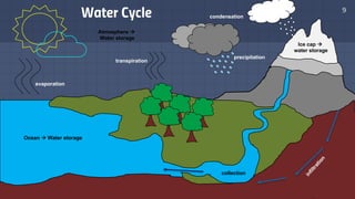 Water Cycle 9
evaporation
transpiration
precipitation
Ice cap à
water storage
collection
Ocean à Water storage
Atmosphere à
Water storage
condensation
 