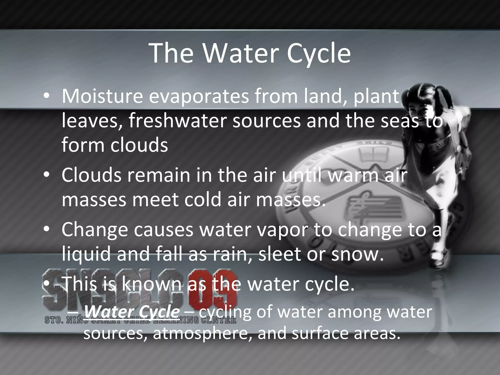 The Water Cycle Moisture evaporates from land, plant leaves, freshwater sources and the seas to form clouds Clouds remain in the air until warm air masses meet cold air masses. Change causes water vapor to change to a liquid and fall as rain, sleet or snow. This is known as the water cycle. Water Cycle  – cycling of water among water sources, atmosphere, and surface areas. 