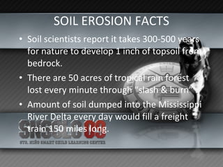 SOIL EROSION FACTS Soil scientists report it takes 300-500 years for nature to develop 1 inch of topsoil from bedrock. There are 50 acres of tropical rain forest lost every minute through “slash & burn” Amount of soil dumped into the Mississippi River Delta every day would fill a freight train 150 miles long. 