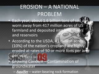 EROSION – A NATIONAL PROBLEM Each year, about 1.6 billion tons of soil are worn away from 417 million acres of US farmland and deposited into lake, rivers and reservoirs According to the USDA, 41 million acres (10%) of the nation’s cropland are highly eroded at rates of 50 or more tons per acre per year Growing Concern – Contamination of groundwater Aquifer  – water-bearing rock formation 