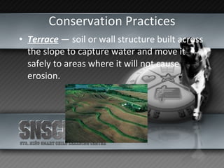 Conservation Practices Terrace  — soil or wall structure built across the slope to capture water and move it safely to areas where it will not cause erosion. 
