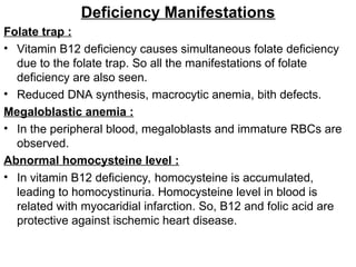 Deficiency Manifestations
Folate trap :
• Vitamin B12 deficiency causes simultaneous folate deficiency
due to the folate trap. So all the manifestations of folate
deficiency are also seen.
• Reduced DNA synthesis, macrocytic anemia, bith defects.
Megaloblastic anemia :
• In the peripheral blood, megaloblasts and immature RBCs are
observed.
Abnormal homocysteine level :
• In vitamin B12 deficiency, homocysteine is accumulated,
leading to homocystinuria. Homocysteine level in blood is
related with myocaridial infarction. So, B12 and folic acid are
protective against ischemic heart disease.
 