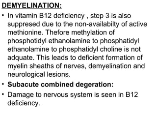 DEMYELINATION:
• In vitamin B12 deficiency , step 3 is also
suppresed due to the non-availabilty of active
methionine. Thefore methylation of
phosphotidyl ethanolamine to phosphatidyl
ethanolamine to phosphatidyl choline is not
adquate. This leads to deficient formation of
myelin sheaths of nerves, demyelination and
neurological lesions.
• Subacute combined degeration:
• Damage to nervous system is seen in B12
deficiency.
 