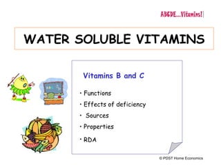 WATER SOLUBLE VITAMINS
Vitamins B and C
• Functions
• Effects of deficiency
• Sources
• Properties
• RDA
© PDST Home Economics
 