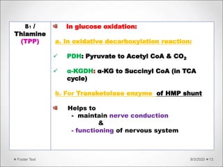 8/3/2020Footer Text 13
B1 /
Thiamine
(TPP)
In glucose oxidation:
a. In oxidative decarboxylation reaction:
 PDH: Pyruvate to Acetyl CoA & CO2
 α-KGDH: α-KG to Succinyl CoA (in TCA
cycle)
b. For Transketolase enzyme of HMP shunt
Helps to
- maintain nerve conduction
&
- functioning of nervous system
 