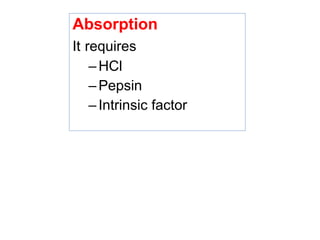 Absorption
It requires
–HCl
–Pepsin
–Intrinsic factor
 