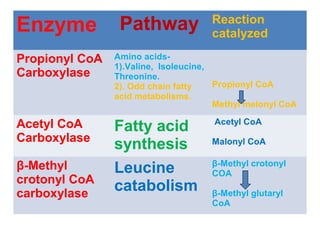 Enzyme Pathway Reaction
catalyzed
Propionyl CoA
Carboxylase
Amino acids-
1).Valine, Isoleucine,
Threonine.
2). Odd chain fatty
acid metabolisms.
Propionyl CoA
Methyl melonyl CoA
Acetyl CoA
Carboxylase
Fatty acid
synthesis
Acetyl CoA
Malonyl CoA
β-Methyl
crotonyl CoA
carboxylase
Leucine
catabolism
β-Methyl crotonyl
COA
β-Methyl glutaryl
CoA
 