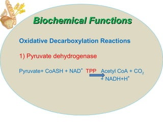 Oxidative Decarboxylation Reactions
1) Pyruvate dehydrogenase
Pyruvate+ CoASH + NAD
+
TPP Acetyl CoA + CO2
+ NADH+H
+
Biochemical FunctionsBiochemical Functions
 