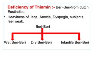 Deficiency of Thiamin :- Beri-Beri-from dutch
Eastindies.
• Heaviness of legs, Anoxia, Dyspegia, subjects
feel weak.
Beri-Beri
Wet Beri-Beri Dry Beri-Beri Infantile Beri-Beri
 
