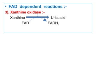 • FAD dependent reactions :-
3). Xanthine oxidase :-
Xanthine Uric acid
FAD FADH2
 