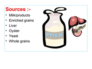 Sources :-
• Milk/products
• Enriched grains
• Liver
• Oyster
• Yeast
• Whole grains
 