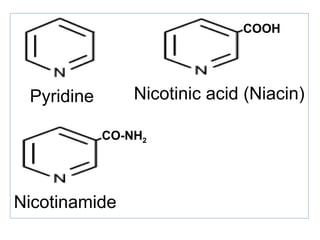 COOH
Pyridine Nicotinic acid (Niacin)
CO-NH2
Nicotinamide
 
