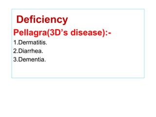 Deficiency
Pellagra(3D’s disease):-
1.Dermatitis.
2.Diarrhea.
3.Dementia.
 