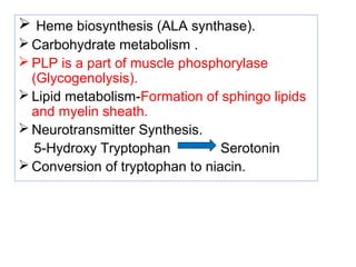  Heme biosynthesis (ALA synthase).
 Carbohydrate metabolism .
 PLP is a part of muscle phosphorylase
(Glycogenolysis).
 Lipid metabolism-Formation of sphingo lipids
and myelin sheath.
 Neurotransmitter Synthesis.
5-Hydroxy Tryptophan Serotonin
 Conversion of tryptophan to niacin.
 