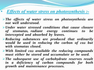 • Effects of water stress on photosynthesis :-
The effects of water stress on photosynthesis are
not well understood.
Under water stressed conditions that cause closure
of stomatas, radiant energy continues to be
intercepted and absorbed by leaves.
Reducing substances are produced that ordinarily
would be used in reducing the carbon of co2 but
with stomatas closed.
With limited co2 available the reducing compounds
must either be stored and accumulate or be used.
The subsequent use of carbohydrate reserves result
in a deficiency of carbon compounds for both
growth and maintenance processes.
 
