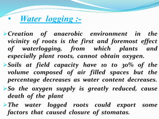 • Water logging :-
Creation of anaerobic environment in the
vicinity of roots is the first and foremost effect
of waterlogging, from which plants and
especially plant roots, cannot obtain oxygen.
Soils at field capacity have 10 to 30% of the
volume composed of air filled spaces but the
percentage decreases as water content decreases.
So the oxygen supply is greatly reduced, cause
death of the plant
The water logged roots could export some
factors that caused closure of stomatas.
 
