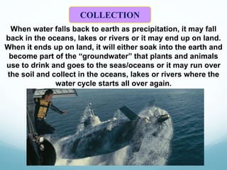 COLLECTION
When water falls back to earth as precipitation, it may fall
back in the oceans, lakes or rivers or it may end up on land.
When it ends up on land, it will either soak into the earth and
become part of the “groundwater” that plants and animals
use to drink and goes to the seas/oceans or it may run over
the soil and collect in the oceans, lakes or rivers where the
water cycle starts all over again.
 