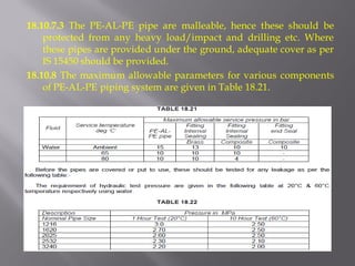 18.10.7.3 The PE-AL-PE pipe are malleable, hence these should be protected from any heavy load/impact and drilling etc. Where these pipes are provided under the ground, adequate cover as per IS 15450 should be provided. 
18.10.8 The maximum allowable parameters for various components of PE-AL-PE piping system are given in Table 18.21.  