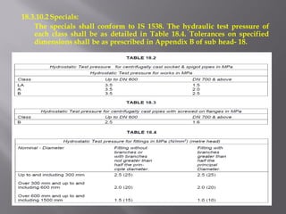 18.3.10.2 Specials: 
The specials shall conform to IS 1538. The hydraulic test pressure of each class shall be as detailed in Table 18.4. Tolerances on specified dimensions shall be as prescribed in Appendix B of sub head- 18. 
 