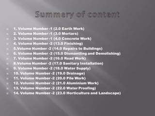 1. Volume Number -1 (2.0 Earth Work) 
2. Volume Number -1 (3.0 Mortars) 
3. Volume Number -1 (4.0 Concrete Work) 
4. Volume Number -2 (13.0 Finishing) 
5.Volume Number -2 (14.0 Repairs to Buildings) 
6. Volume Number -2 (15.0 Dismantling and Demolishing) 
7. Volume Number -2 (16.0 Road Work) 
8.Volume Number -2 (17.0 Sanitary Installation) 
9. Volume Number -2 (18.0 Water Supply) 
10. Volume Number -2 (19.0 Drainage) 
11. Volume Number -2 (20.0 Pile Work) 
12. Volume Number -2 (21.0 Aluminium Work) 
13. Volume Number -2 (22.0 Water Proofing) 
14. Volume Number -2 (23.0 Horticulture and Landscape) 
 