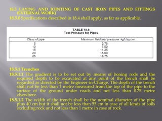 18.5 LAYING AND JOINTING OF CAST IRON PIPES AND FITTINGS (EXTERNAL WORK) 
18.5.0 Specifications described in 18.4 shall apply, as far as applicable. 
18.5.1 Trenches 
18.5.1.1 The gradient is to be set out by means of boning rods and the required depth to be excavated at any point of the trench shall be regarded as directed by the Engineer-in-Charge. The depth of the trench shall not be less than 1 metre measured from the top of the pipe to the surface of the ground under roads and not less than 0.75 metre elsewhere. 
18.5.1.2 The width of the trench shall be the nominal diameter of the pipe plus 40 cm but it shall not be less than 55 cm in case of all kinds of soils excluding rock and not less than 1 metre in case of rock.  