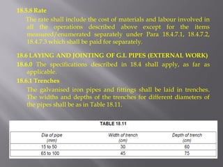 18.5.8 Rate 
The rate shall include the cost of materials and labour involved in all the operations described above except for the items measured/enumerated separately under Para 18.4.7.1, 18.4.7.2, 18.4.7.3 which shall be paid for separately. 
18.6 LAYING AND JOINTING OF G.I. PIPES (EXTERNAL WORK) 
18.6.0 The specifications described in 18.4 shall apply, as far as applicable. 
18.6.1 Trenches 
The galvanised iron pipes and fittings shall be laid in trenches. The widths and depths of the trenches for different diameters of the pipes shall be as in Table 18.11. 
 