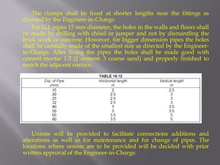The clamps shall be fixed at shorter lengths near the fittings as directed by the Engineer-in-Charge. 
For G.I. pipes 15 mm diameter, the holes in the walls and floors shall be made by drilling with chisel or jumper and not by dismantling the brick work or concrete. However, for bigger dimension pipes the holes shall be carefully made of the smallest size as directed by the Engineer- in-Charge. After fixing the pipes the holes shall be made good with cement mortar 1:3 (1 cement: 3 coarse sand) and properly finished to match the adjacent surface. 
Unions will be provided to facilitate connections additions and alterations as well as for maintenance and for change of pipes. The locations where unions are to be provided will be decided with prior written approval of the Engineer-in-Charge.  