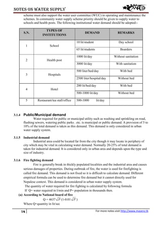 Notes on water supply
14 For more notes visit http://www.masenz.tk
scheme must also support the water user committee (WUC) in operating and maintenance the
schemes. In community water supply scheme priority should be given to supply water to
schools and health posts. The following institutional water demand should be adopted:-
S.N.
TYPES OF
INSTITUTIONS
DEMAND REMARKS
1 School
10 lit/student Day school
65 lit/students Boarders
2 Health post
1000 lit/day Without sanitation
3000 lit/day With sanitation
3 Hospitals
500 liter/bed/day With bed
2500 liter/hospital/day Without bed
4 Hotel
200 lit/bed/day With bed
500-1000 lit/day Without bed
5 Restaurant/tea stall/office 500-1000 lit/day
3.1.4 Public/Municipal demand
Water required for public or municipal utility such as washing and sprinkling on road,
flushing sewers, watering public parks . etc. is municipal or public demand. A provision of 5 to
10% of the total demand is taken as this demand. This demand is only considered in urban
water supply system.
3.1.5 Industrial demand
Industrial area could be located far from the city though it may locate in periphery of
city which may be vital in calculating water demand. Normally 20-25% of total demand is
taken for industrial demand. It is considered only in urban area and depends upon the type and
size of industry.
3.1.6 Fire fighting demand
Fire is generally break in thickly populated localities and the industrial area and causes
serious damages of properties. During outbreak of fire, the water is used for firefighting is
called fire demand. This demand is not fixed so it is difficult to calculate demand. Different
empirical formula can be used to determine fire demand but it cannot directly used for
Nepalese context. This demand is considered in urban water supply system.
The quantity of water required for fire fighting is calculated by following formula
If Q= water required in l/min and P= population in thousands then.
(a) According to National board of fire
Q = 4637 P (1-0.01 P )
Where Q=quantity in lit/sec
 