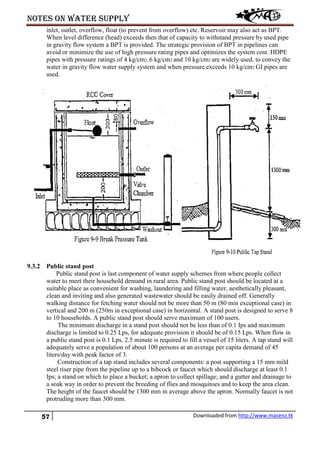 Notes on water supply
57 Downloaded from http://www.masenz.tk
inlet, outlet, overflow, float (to prevent from overflow) etc. Reservoir may also act as BPT.
When level difference (head) exceeds then that of capacity to withstand pressure by used pipe
in gravity flow system a BPT is provided. The strategic provision of BPT in pipelines can
avoid or minimize the use of high pressure rating pipes and optimizes the system cost. HDPE
pipes with pressure ratings of 4 kg/cm2, 6 kg/cm2 and 10 kg/cm2 are widely used. to convey the
water in gravity flow water supply system and when pressure exceeds 10 kg/cm2 GI pipes are
used.
9.3.2 Public stand post
Public stand post is last component of water supply schemes from where people collect
water to meet their household demand in rural area. Public stand post should be located at a
suitable place as convenient for washing, laundering and filling water, aesthetically pleasant,
clean and inviting and also generated wastewater should be easily drained off. Generally
walking distance for fetching water should not be more than 50 m (80 min exceptional case) in
vertical and 200 m (250m in exceptional case) in horizontal. A stand post is designed to serve 8
to 10 households. A public stand post should serve maximum of 100 users.
The minimum discharge in a stand post should not be less than of 0.1 Ips and maximum
discharge is limited to 0.25 Lps, for adequate provision it should be of 0.15 Lps. When flow in
a public stand post is 0.1 Lps, 2.5 minute is required to fill a vessel of 15 liters. A tap stand will
adequately serve a population of about 100 persons at an average per capita demand of 45
liters/day with peak factor of 3.
Construction of a tap stand includes several components: a post supporting a 15 mm mild
steel riser pipe from the pipeline up to a bibcock or faucet which should discharge at least 0.1
Ips; a stand on which to place a bucket; a apron to collect spillage; and a gutter and drainage to
a soak way in order to prevent the breeding of flies and mosquitoes and to keep the area clean.
The height of the faucet should be 1300 mm in average above the apron. Normally faucet is not
protruding more than 300 mm.
 
