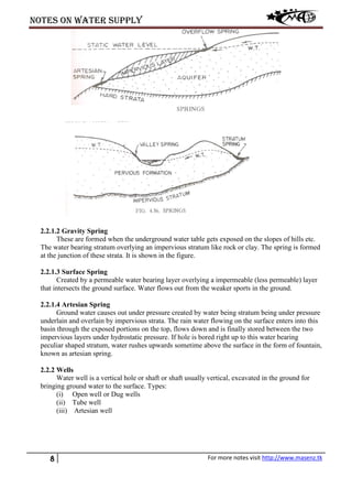 Notes on water supply
8 For more notes visit http://www.masenz.tk
2.2.1.2 Gravity Spring
These are formed when the underground water table gets exposed on the slopes of hills etc.
The water bearing stratum overlying an impervious stratum like rock or clay. The spring is formed
at the junction of these strata. It is shown in the figure.
2.2.1.3 Surface Spring
Created by a permeable water bearing layer overlying a impermeable (less permeable) layer
that intersects the ground surface. Water flows out from the weaker sports in the ground.
2.2.1.4 Artesian Spring
Ground water causes out under pressure created by water being stratum being under pressure
underlain and overlain by impervious strata. The rain water flowing on the surface enters into this
basin through the exposed portions on the top, flows down and is finally stored between the two
impervious layers under hydrostatic pressure. If hole is bored right up to this water bearing
peculiar shaped stratum, water rushes upwards sometime above the surface in the form of fountain,
known as artesian spring.
2.2.2 Wells
Water well is a vertical hole or shaft or shaft usually vertical, excavated in the ground for
bringing ground water to the surface. Types:
(i) Open well or Dug wells
(ii) Tube well
(iii) Artesian well
 