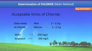 Determination of CHLORIDE (Mohr Method)
Reg:2013333022
Acceptable limits of Chloride
Daily needs Man 2 – 2.3 g
of chloride Woman 2 - 2.3 g
WHO 250 mg/L
Bangladesh 250 mg/L
47
 