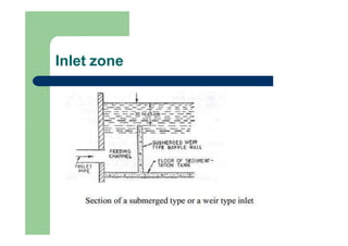 Out let zone
 Outlet arrangement consists of
– weir, notches or orifices
– effluent trough or launder
– outlet pipe
 