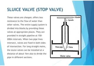 SLUICE VALVE (STOP VALVE)
These valves are cheaper, offers less
resistance to the flow of water than
other valves. The entire supply system is
divided into blocks by providing these
valves at appropriate places. They are
provided in straight pipeline at 150-
200m intervals. When two pipe lines
intersect, valves are fixed in both sides
of intersection. For long straight mains,
the sluice valves can be installed at a
distance of about 1km also to divide the
pipe in different sections.
 