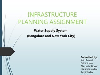 INFRASTRUCTURE
PLANNING ASSIGNMENT
Water Supply System
(Bangalore and New York City)
Submitted by:
Kriti Trivedi
Sakshi Jain
Namrata Ghosh
Harshita Yadav
Jyoti Yadav
 