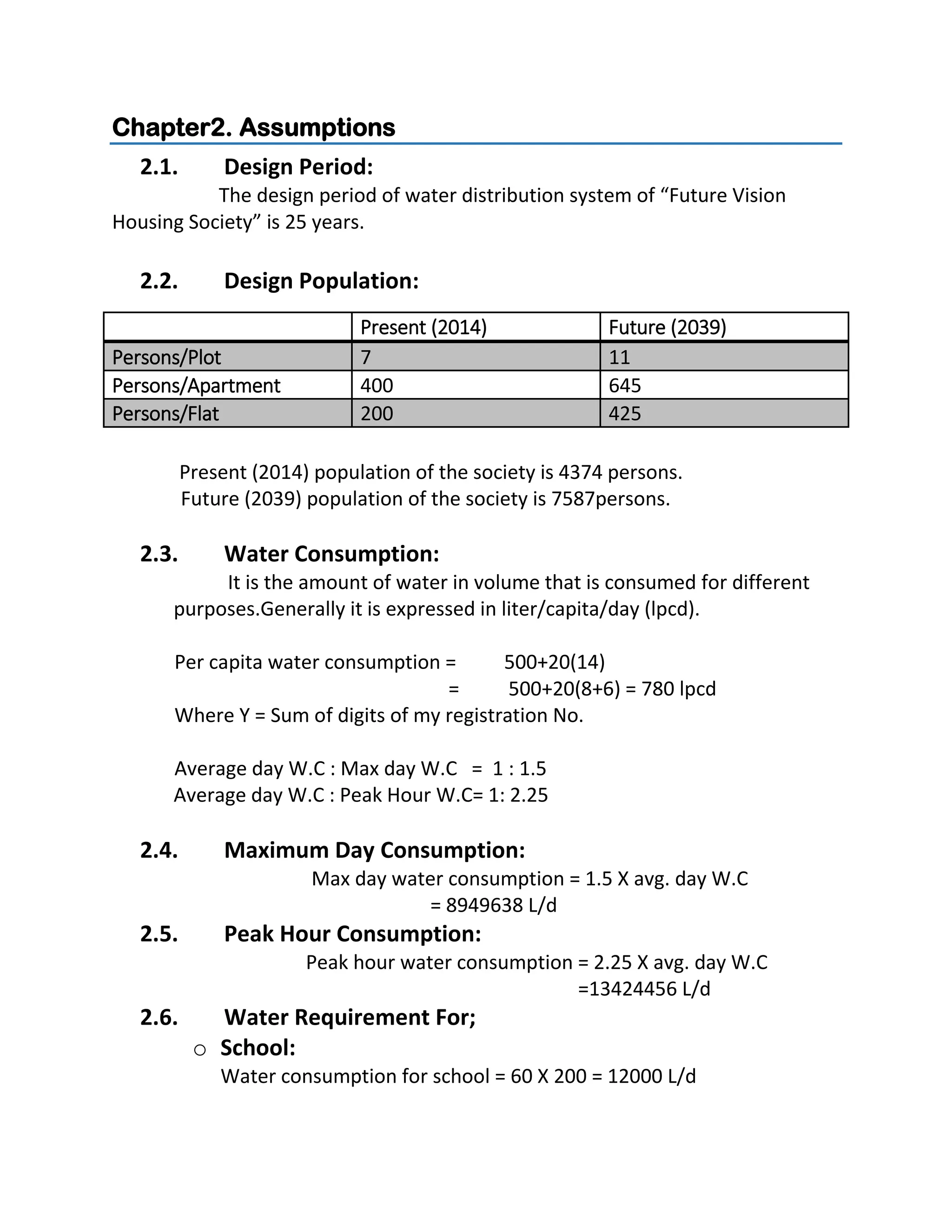 Chapter2. Assumptions
2.1. Design Period:
The design period of water distribution system of “Future Vision
Housing Society” is 25 years.
2.2. Design Population:
Present (2014) population of the society is 4374 persons.
Future (2039) population of the society is 7587persons.
2.3. Water Consumption:
It is the amount of water in volume that is consumed for different
purposes.Generally it is expressed in liter/capita/day (lpcd).
Per capita water consumption = 500+20(14)
= 500+20(8+6) = 780 lpcd
Where Y = Sum of digits of my registration No.
Average day W.C : Max day W.C = 1 : 1.5
Average day W.C : Peak Hour W.C= 1: 2.25
2.4. Maximum Day Consumption:
Max day water consumption = 1.5 X avg. day W.C
= 8949638 L/d
2.5. Peak Hour Consumption:
Peak hour water consumption = 2.25 X avg. day W.C
=13424456 L/d
2.6. Water Requirement For;
o School:
Water consumption for school = 60 X 200 = 12000 L/d
Present (2014) Future (2039)
Persons/Plot 7 11
Persons/Apartment 400 645
Persons/Flat 200 425
 