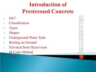 1. Defn
2. Classification
3. Types
4. Shapes
5. Underground Water Tank
6. Resting on Ground
7. Elevated Store Reserviour
8. IS Code Method
9. WSM
?
?
?
?
?
?
?
?
?
 