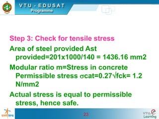 23
Step 3: Check for tensile stress
Area of steel provided Ast
provided=201x1000/140 = 1436.16 mm2
Modular ratio m=Stress in concrete
Permissible stress cat=0.27fck= 1.2
N/mm2
Actual stress is equal to permissible
stress, hence safe.
 
