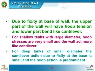 30
• Due to fixity at base of wall, the upper
part of the wall will have hoop tension
and lower part bend like cantilever.
• For shallow tanks with large diameter, hoop
stresses are very small and the wall act more
like cantilever
• For deep tanks of small diameter the
cantilever action due to fixity at the base is
small and the hoop action is predominant
 