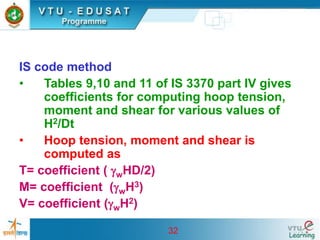 32
IS code method
• Tables 9,10 and 11 of IS 3370 part IV gives
coefficients for computing hoop tension,
moment and shear for various values of
H2/Dt
• Hoop tension, moment and shear is
computed as
T= coefficient ( wHD/2)
M= coefficient (wH3)
V= coefficient (wH2)
 